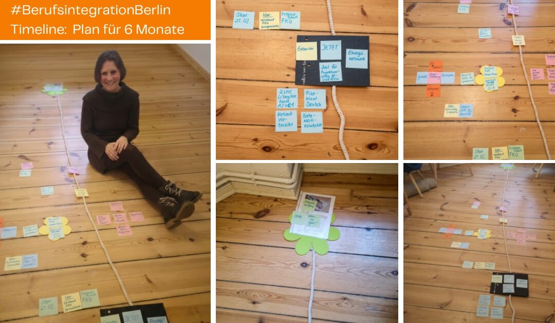 Ein fünfteiliges Kombinationsbild zur Initiative #BerufsintegrationBerlin. Das große linke Bild zeigt Initiatorin Christine Müller lächelnd auf einem Holzboden sitzend, neben einem langen weißen Seil, das als Zeitstrahl dient. Entlang des Seils sind bunte Post-its und Moderationskarten in Blumenform mit Meilensteinen der 6-Monats-Planung angeordnet. Die vier kleineren Detailbilder rechts zeigen Nahaufnahmen der Notizen, darunter Notizen zu "Gemini", "Jetzt", "FKU Mitgliedschaft" und "2 VHS Lichtenberg Kurse". Oben links befindet sich eine orangefarbene Textbox mit der Aufschrift „#BerufsintegrationBerlin – Timeline: Plan für 6 Monate“.